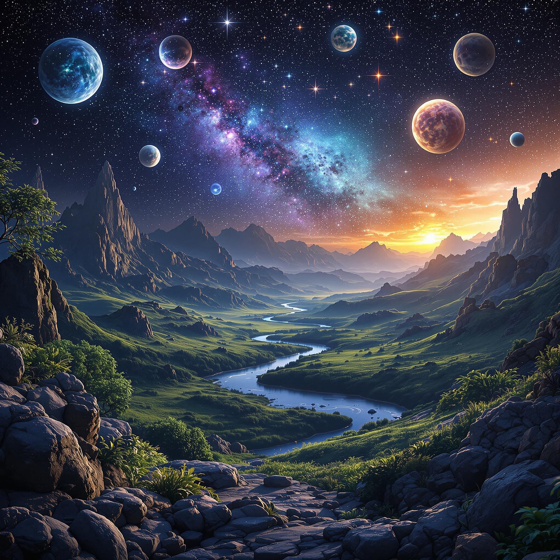 AI generated: a 3d ultra-high resolution image for a landscape site header, you MUST include the site name "Cosmic...