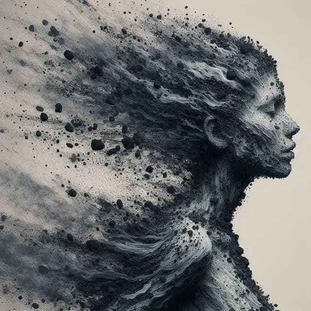AI generated: intricately detailed, woman made of charcoal and coal particles moving swiftly through a space, her ...