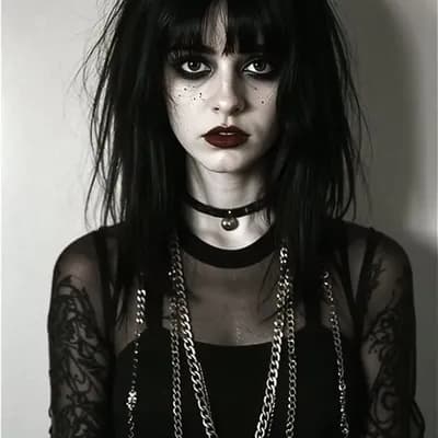 AI generated video: the goth girl snarls playfully a the camera