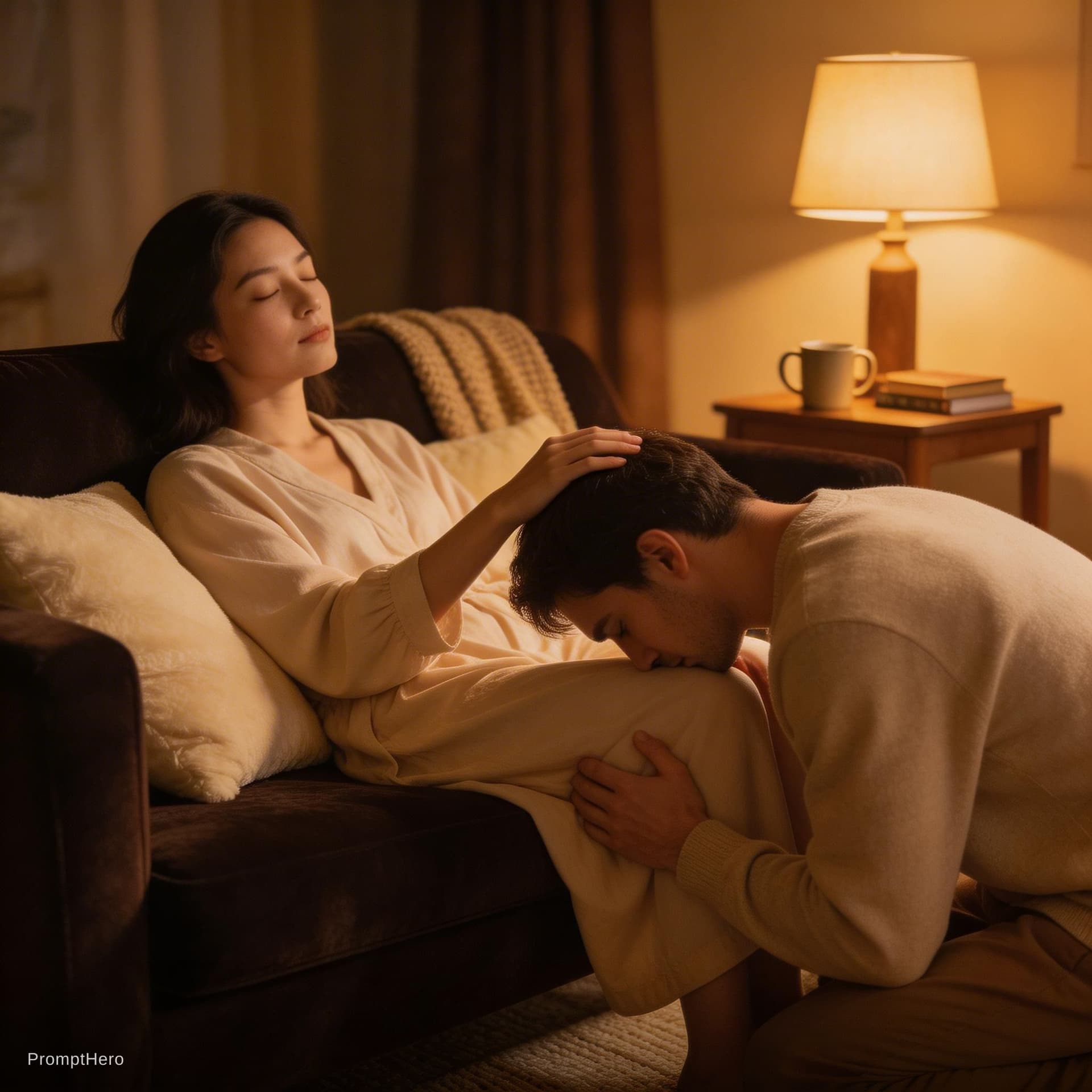 AI generated: A man kneels with reverence before a woman reclining on a bed, his head bowed in tender devotion. He...