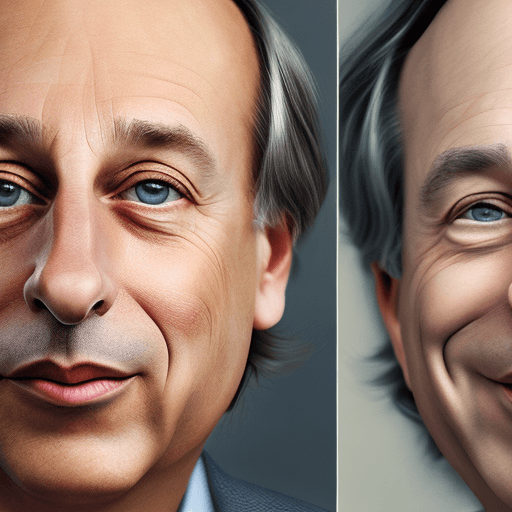 AI generated: Create a painting-style image featuring the faces of Ray Dalio and Jim Simons in close-up, looking d...