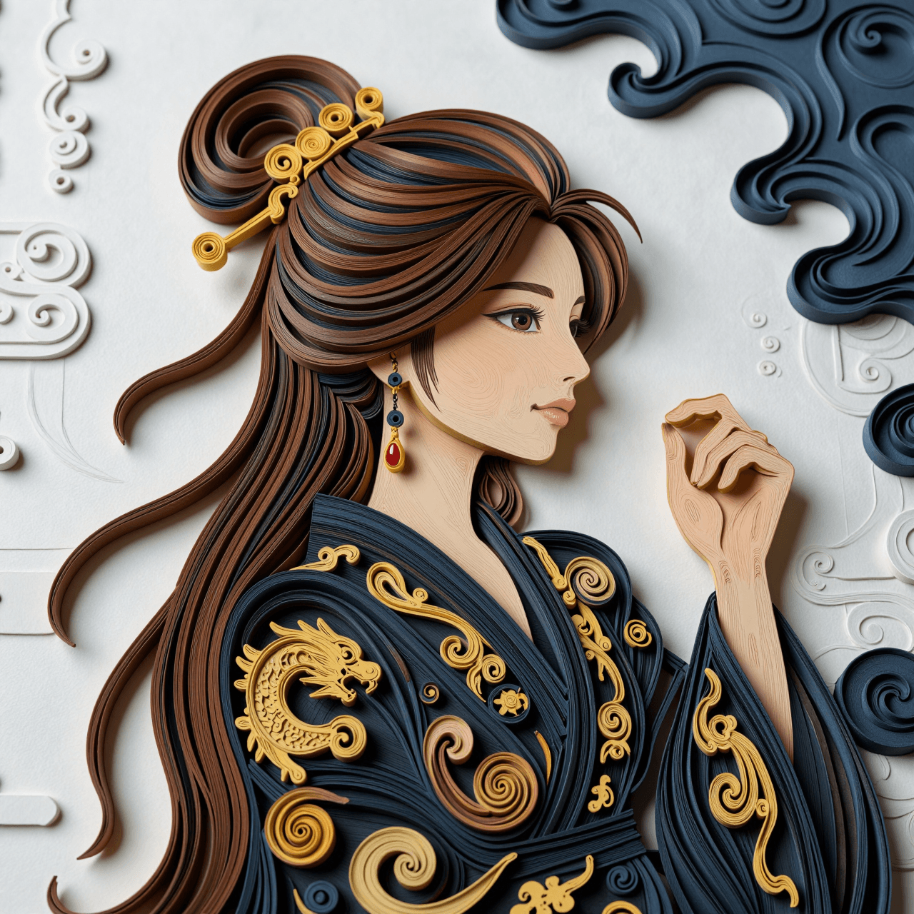 AI generated: Digital papercraft / quilling art portrait of myself in profile. The figure is built entirely from i...