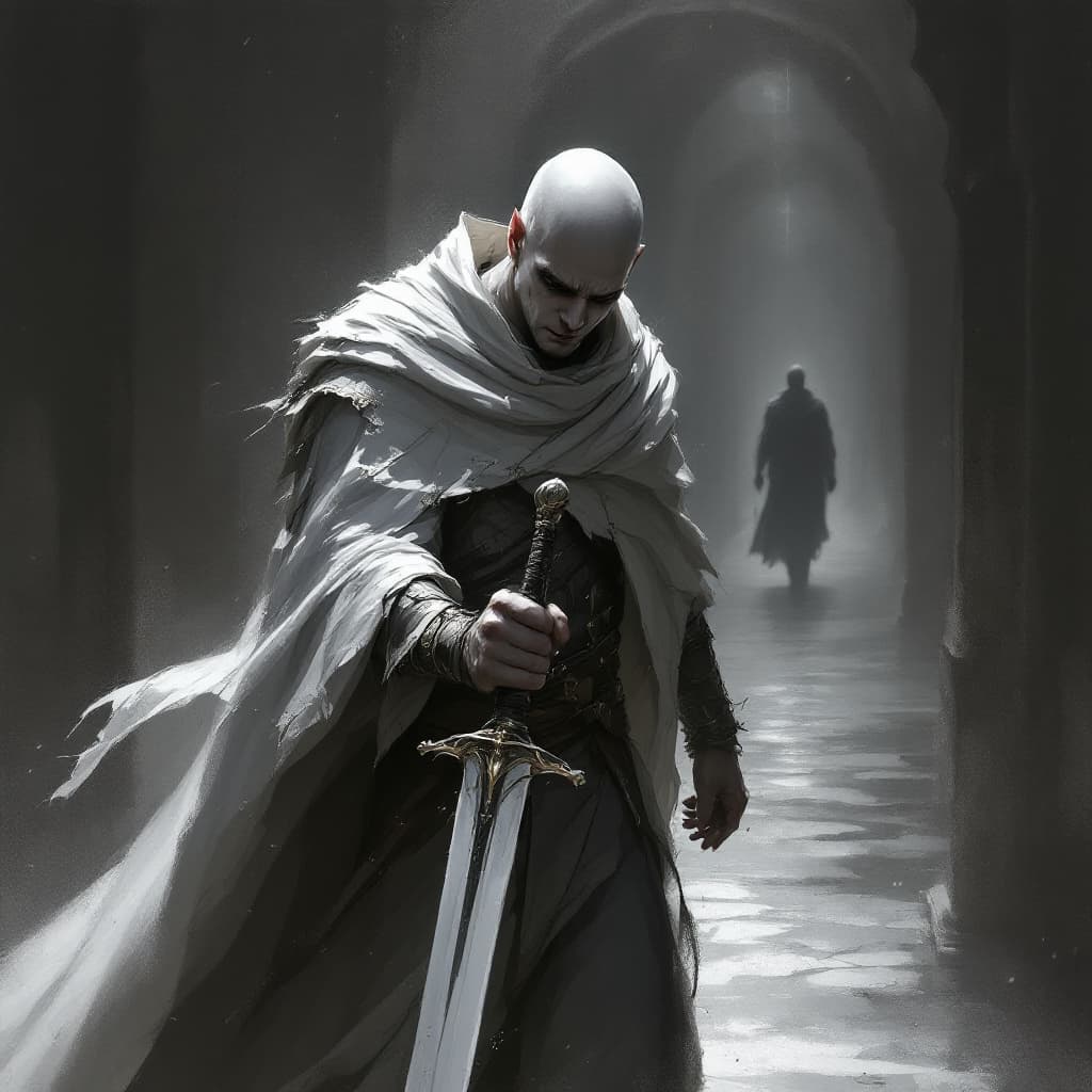 AI generated: n image of a male bald guy with white cloak and a sword in his hand, crying while walking through a ...