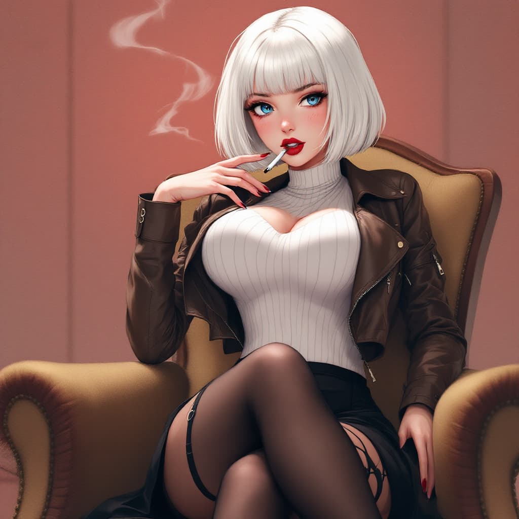 AI generated: anime, woman, white hair, bob cut, blue eyes, freckles, red lips, white sweater, tight sweater, shor...