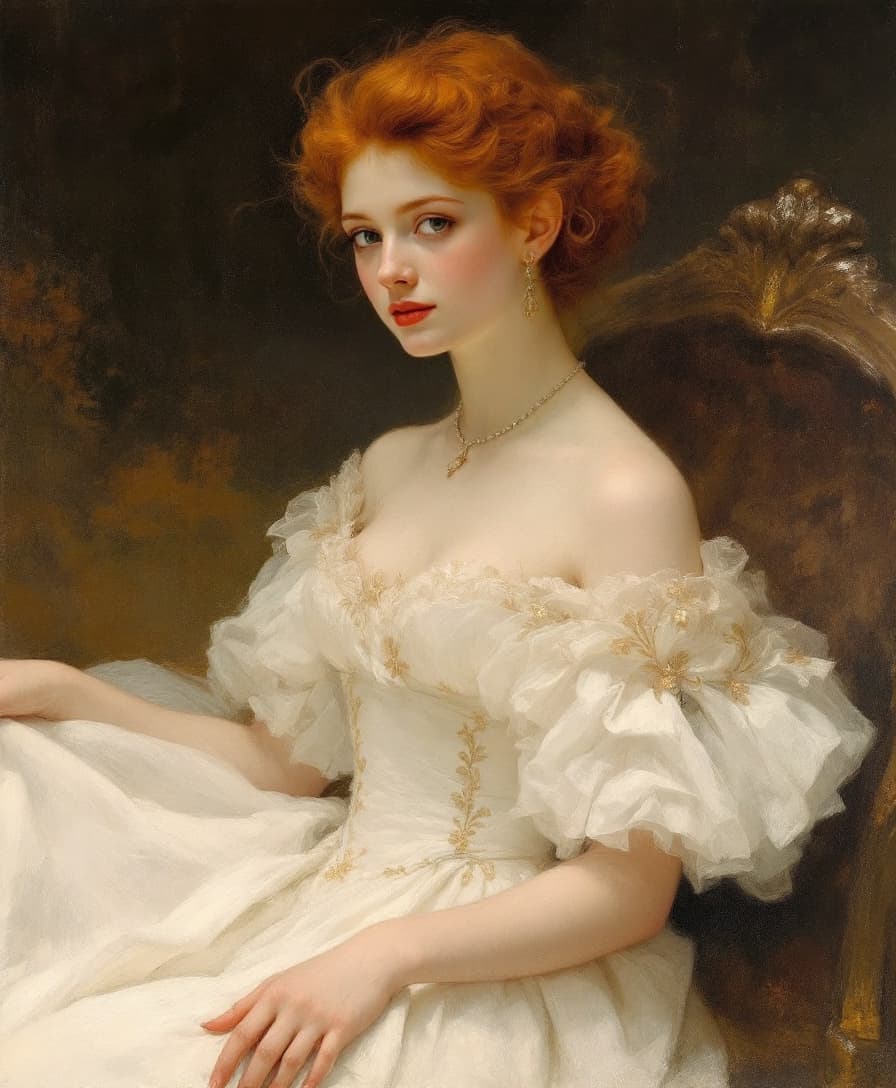 AI generated: 
painting of a beautiful red-haired woman, dressed in a white bodice embroidered with gold flowers a...