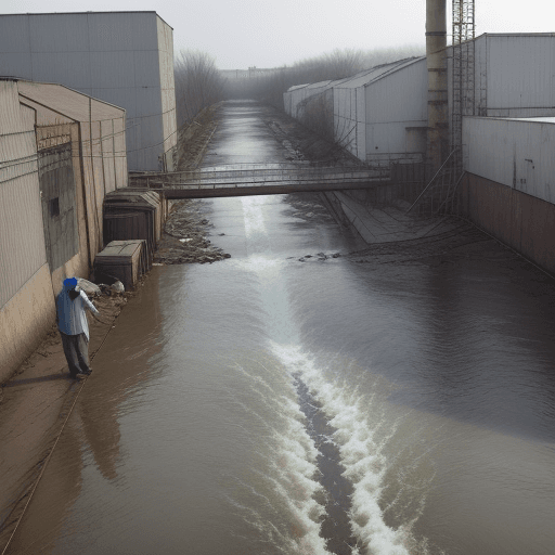 AI generated: factory owner in front of factory polluting river with chemicals