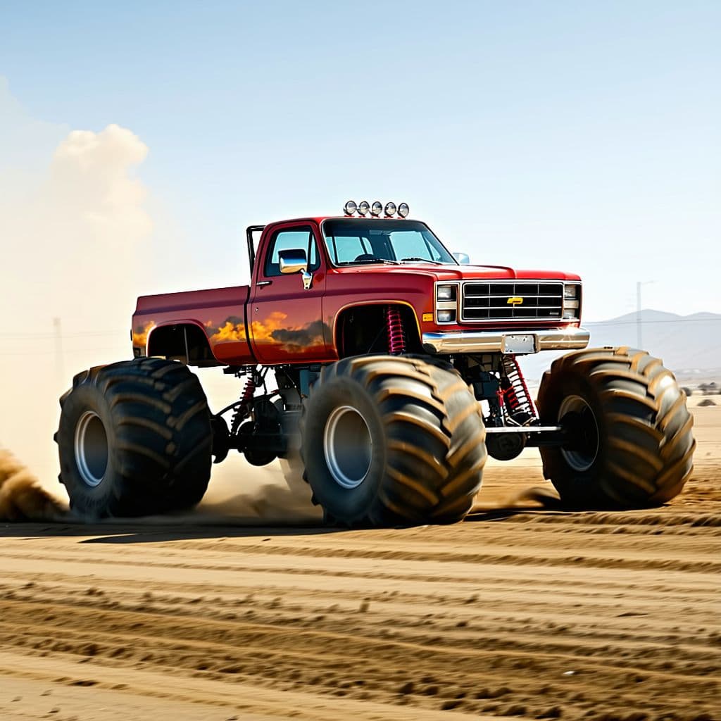 AI generated: photography, sports shooting, dynamic range, dynamic motion with Monster Truck driving towards camer...