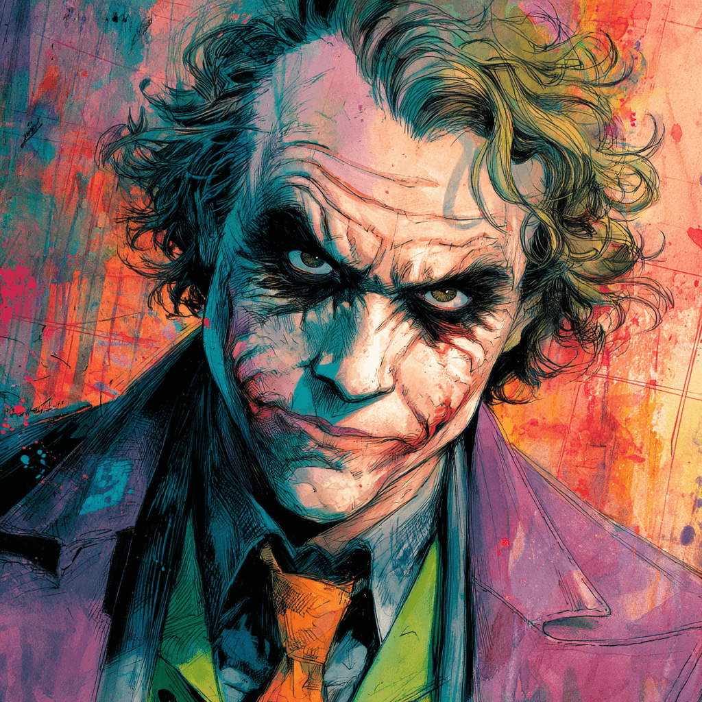 AI generated: The Joker, a Caucasian male in his 40s, with a villainous expression,  wearing a purple suit jacket,...