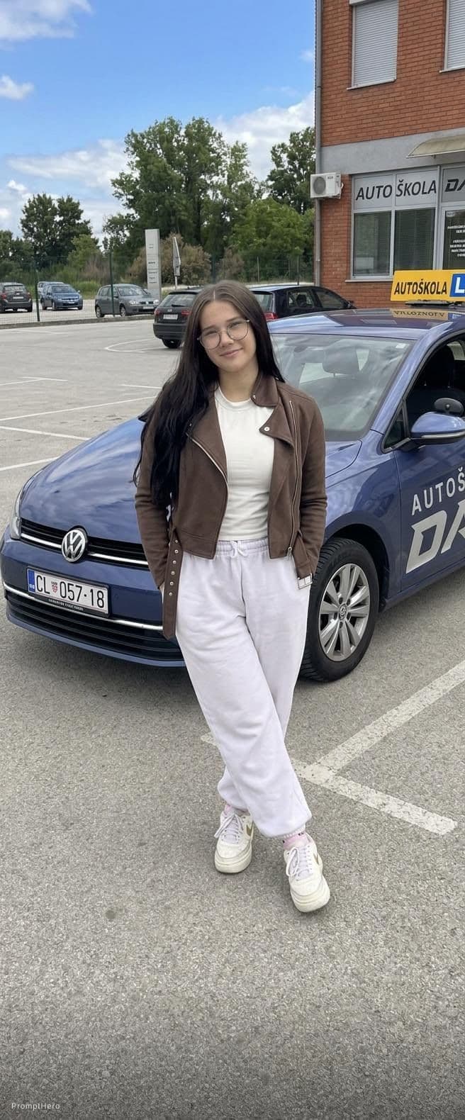 AI generated: Zoom out and get rid of the sign shes holding i want to see her whole body 