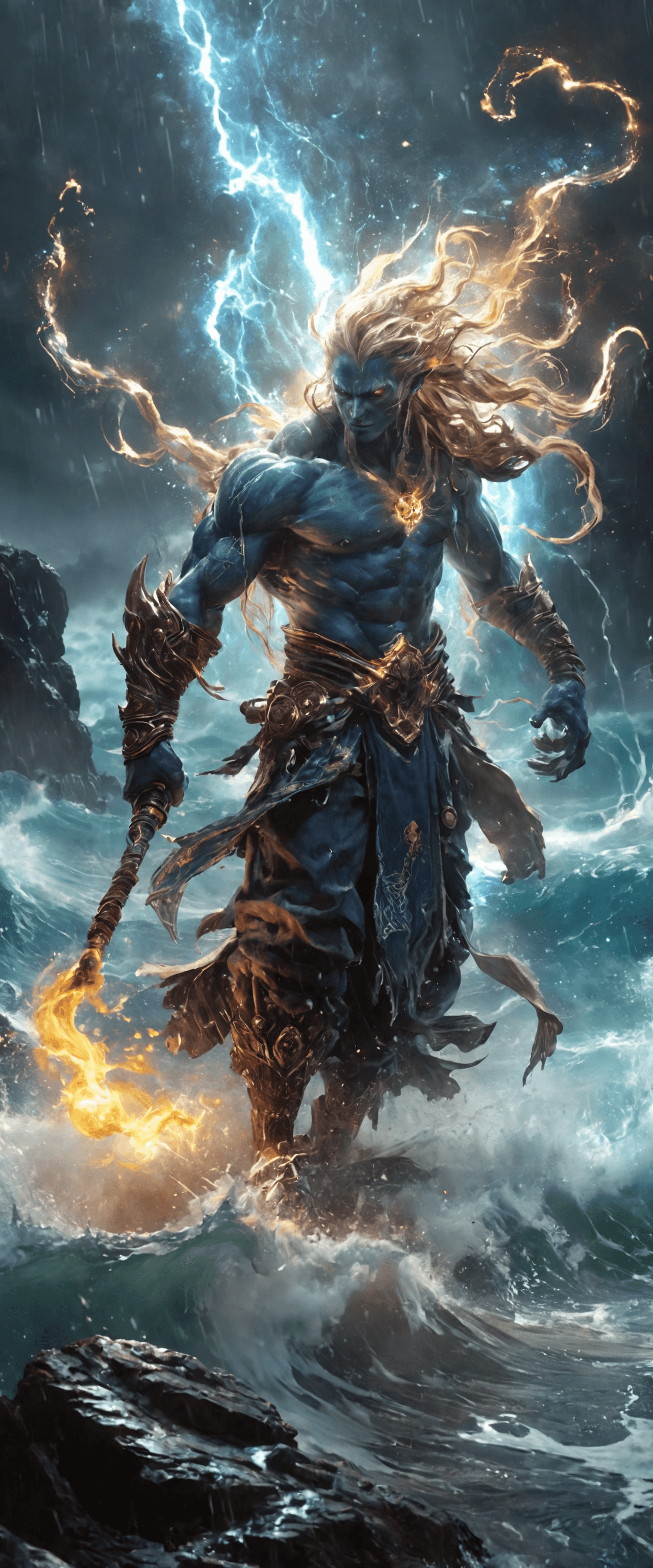 AI generated: A towering singular figure dominates the 9:21 vertical frame, embodying the cosmic essence of Aquari...