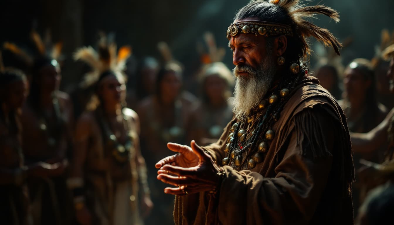 AI generated: The shaman moving his hands in rhythm, accompanied by the jingling bells on his outfit.
. Native Ame...