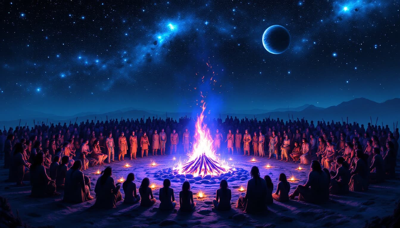 AI generated: The Native American tribe is gathered in a massive circle around a blue-purple fire, their figures i...