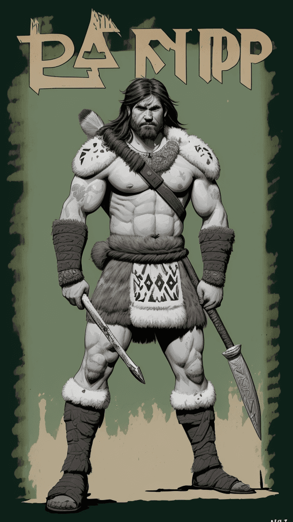 AI generated: a drawing of a barbarian with shield and club, in the style of adventure pulp, dark white and bronze...