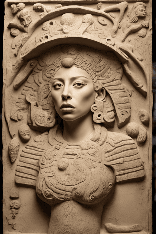 AI generated: Lady gaga on an antique Maya  relief