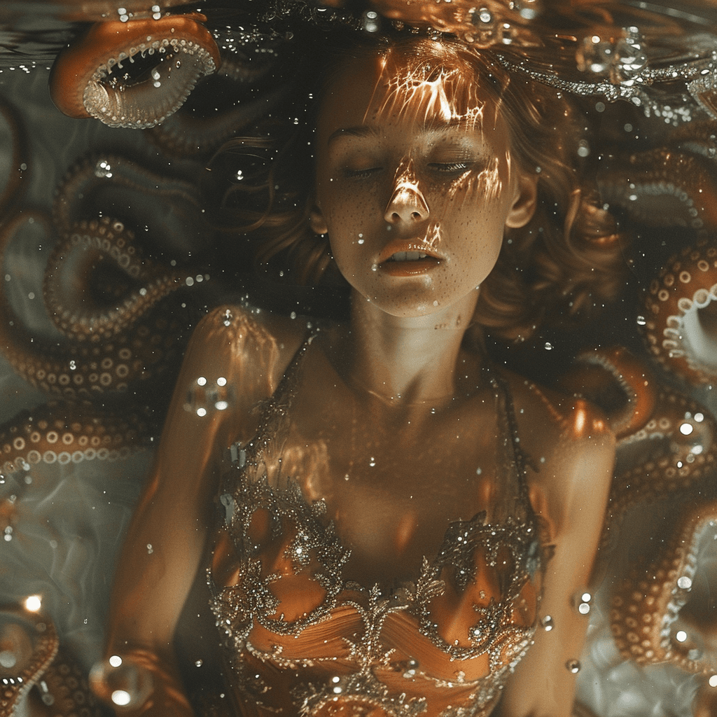 AI generated: A siren falling in the deep sea, surrounded by stars and a giant iron squid, realistic picture