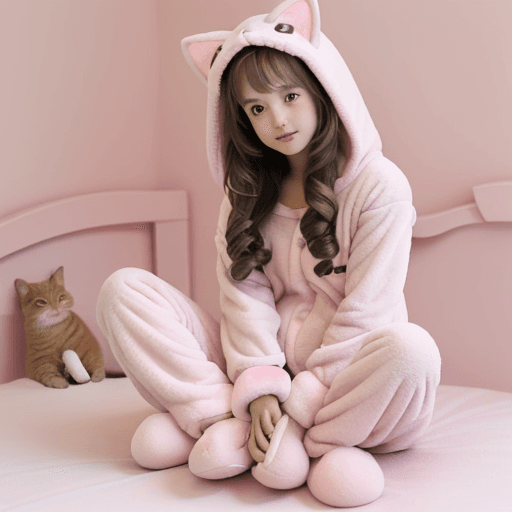 AI generated: light brown haired girl wearing pink kigurumi onesie pajamas, pink cat slippers, and pink mittens, s...