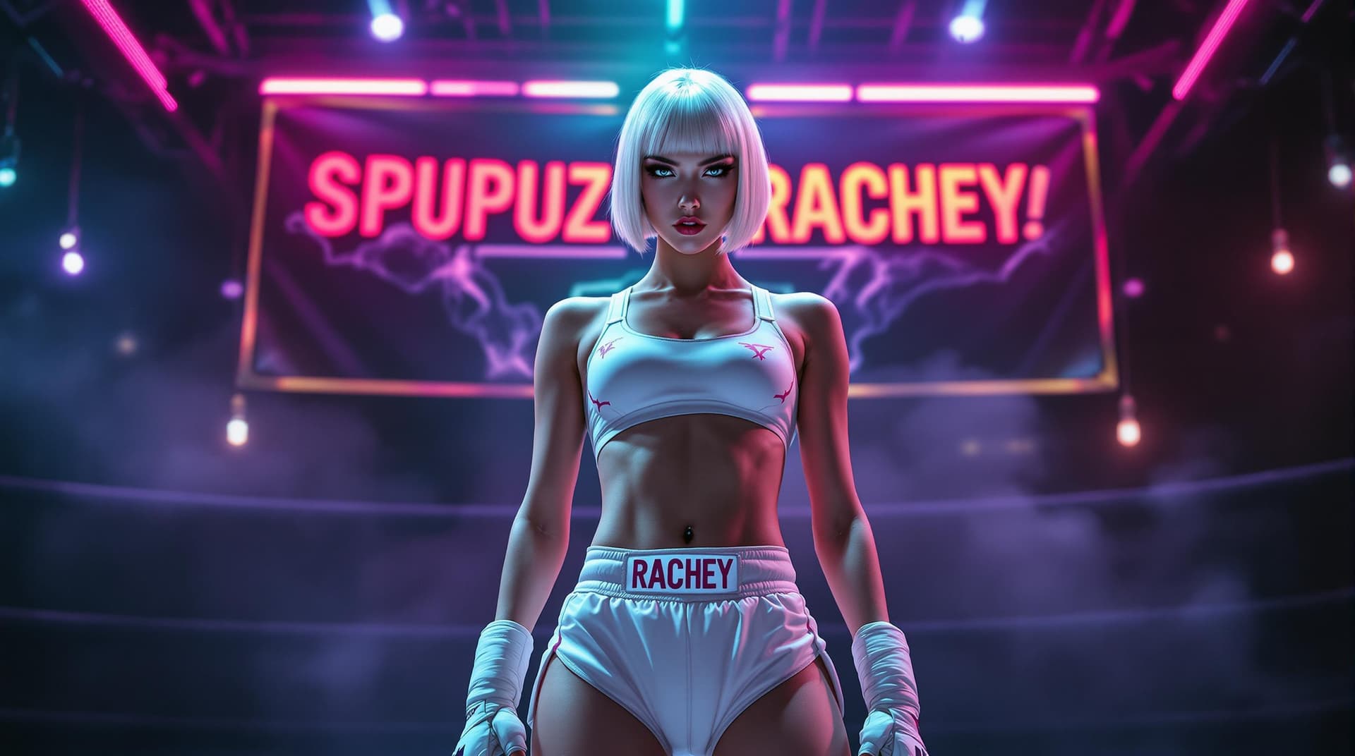 AI generated: A female K-pop idol with a white bob haircut, pulled back into a sleek style, and striking grey eyes...
