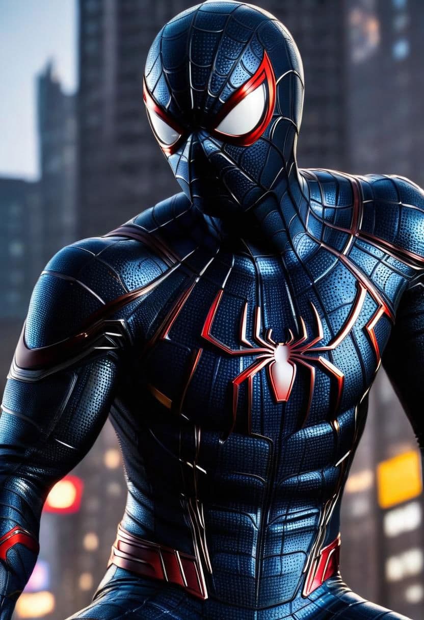 AI generated: Spiderman, sharp focus, tight ferrofluid suit, texture, Gotham City, highest quality rich color phot...