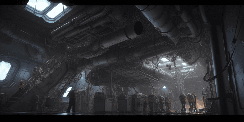 AI generated: Engine room in a spaceship where technicians are busy following a very serious damage, sparks and sm...
