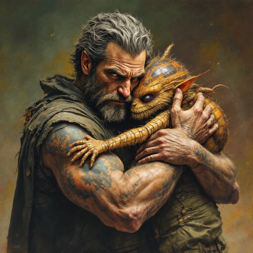 AI generated: a bold man hugging two huge dermodex mites