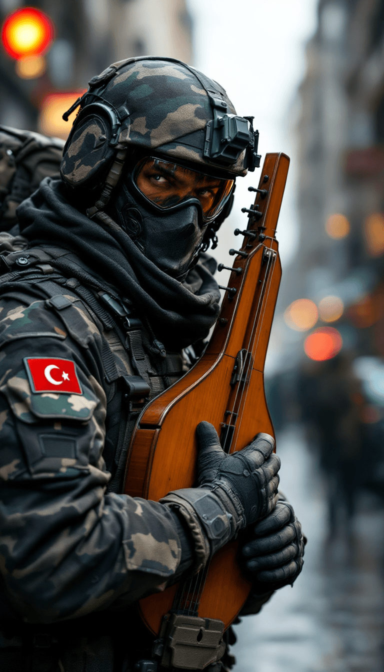 AI generated: /imagine prompt: A fierce, modern Turkish soldier dressed in advanced military tactical gear, with c...