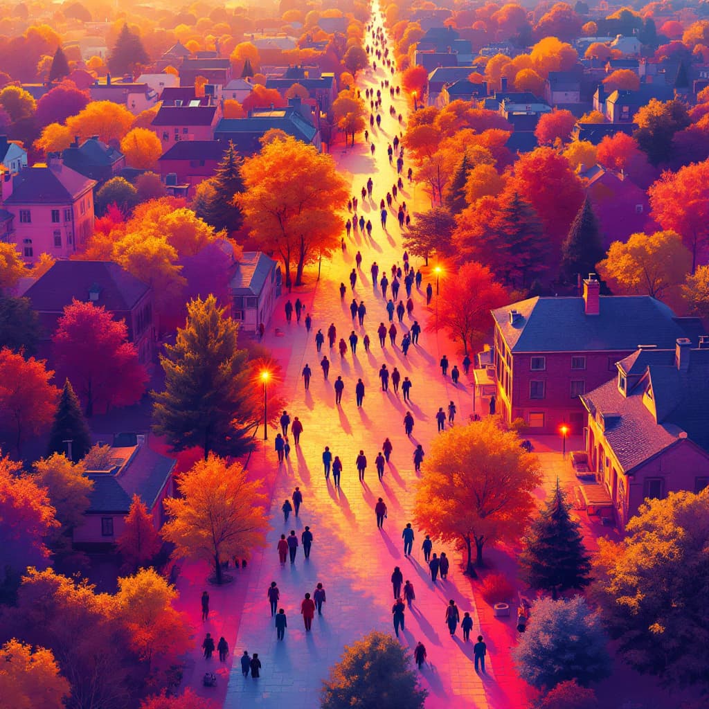 AI generated: A heat camera view of a thriving community — seen from above like a thermal map. Vibrant thermal col...
