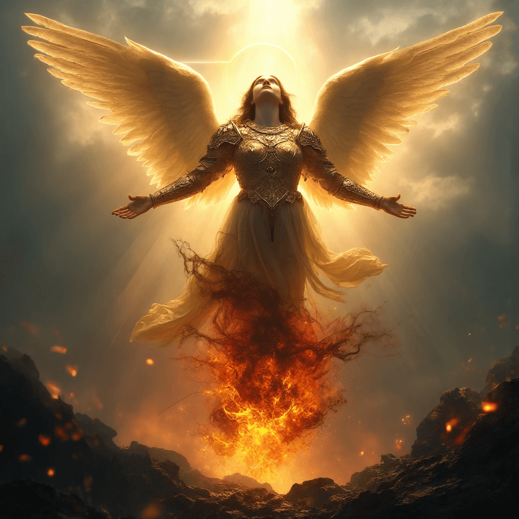 AI generated: A celestial figure of divine beauty, an angel suspended in mid-air, radiates with soft, golden light...