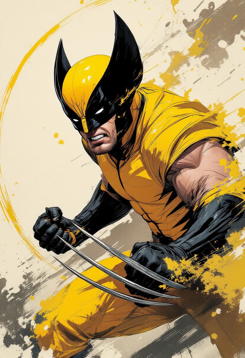 AI generated: 45 degree angled portrait. Dynamic pose. Wolverine, masked, in yellow, showing sharp claws as weapon...