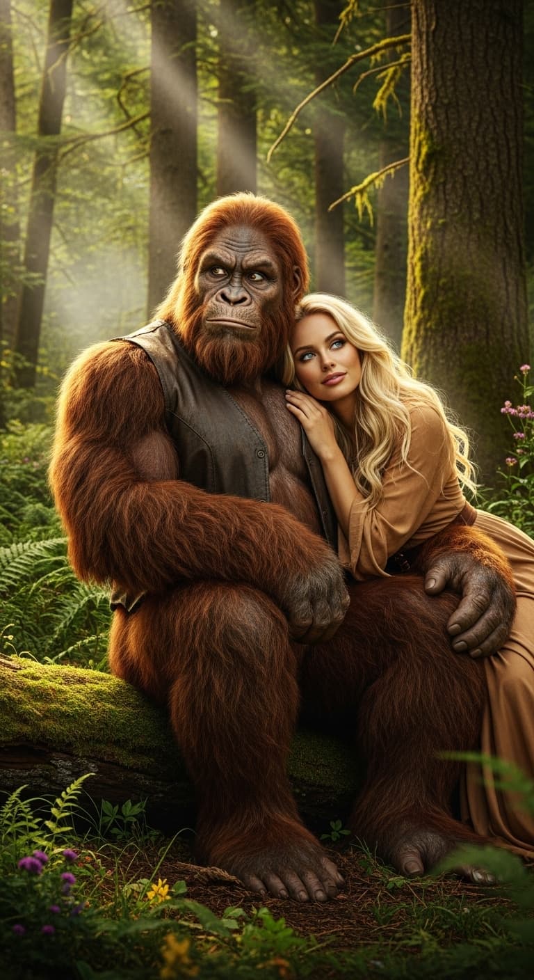 AI generated: ultra detailed, UHD image of bigfoot hanging out with a lady friend.