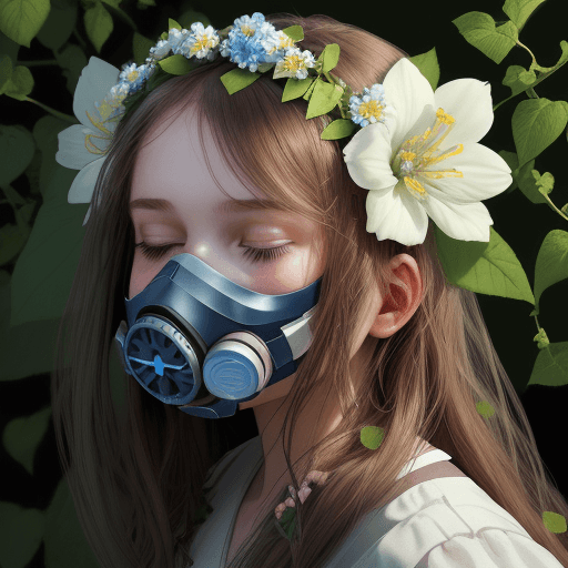AI generated: 1 girl, transparent respirator on face, flowers grow from girl's mouth, flowers wrap around hair, fl...