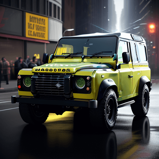 AI generated: cinematic CG 8k wallpaper, close up, dynamic scene, ultra realistic sunbeam yellow valiance land rov...