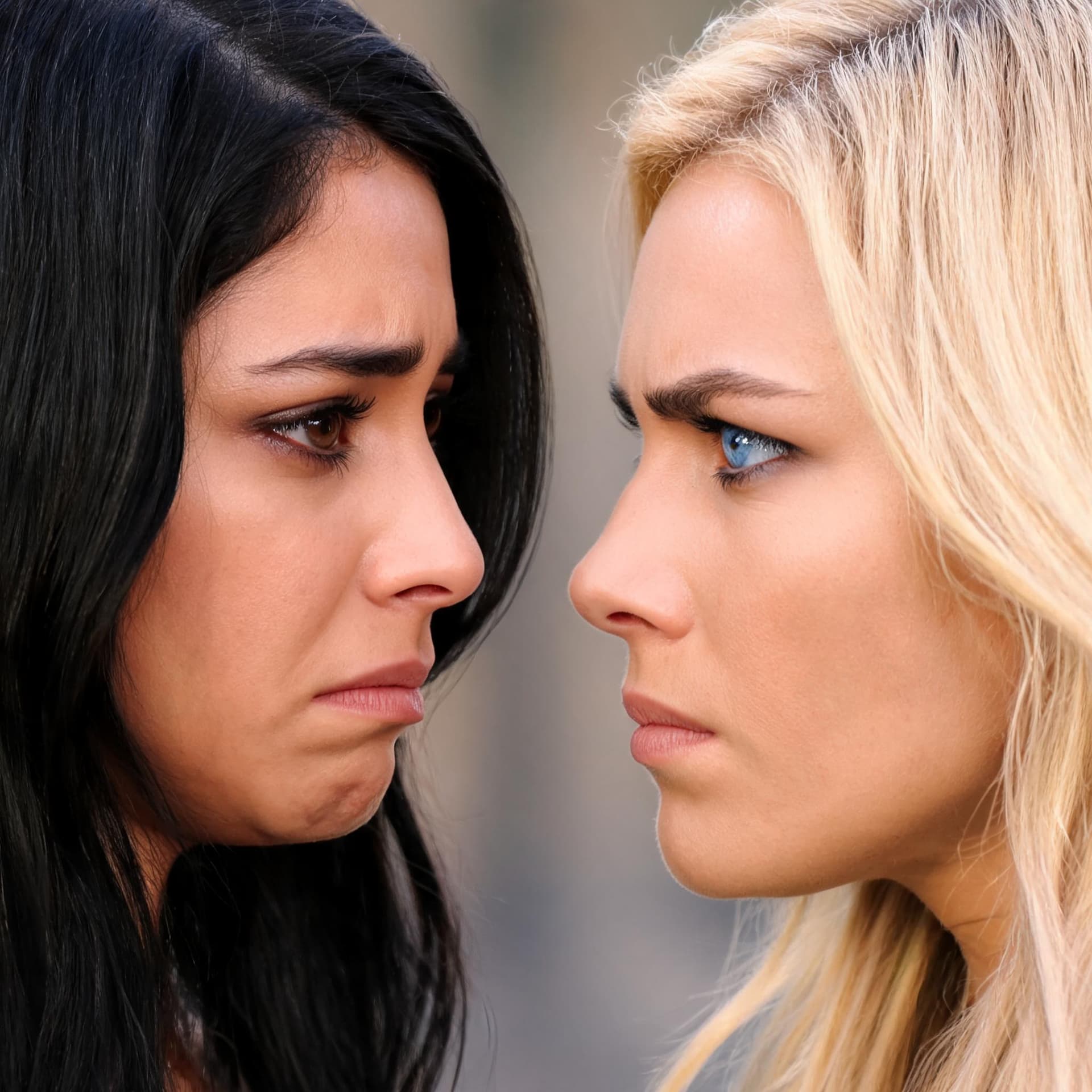 AI generated: a mexican raven haired beauty brown eyes looking at an american blue eyed blonde the blonde looks de...