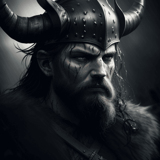 AI generated: Close-up of Viking King emerging from wet black mud:: Dark mental helmet with two large black horns ...