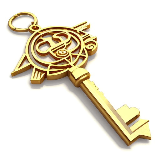 AI generated: 3D Golden key, the key head is in the shape of hamsa hand, white background, 4k

