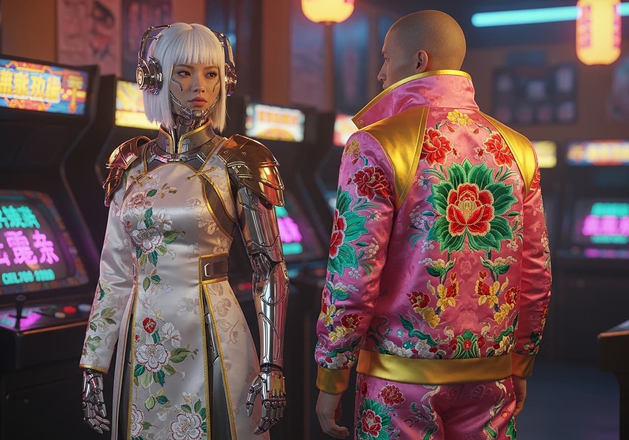 AI generated: Create a highly detailed, cinematic, cyberpunk-inspired image featuring two characters, one female a...