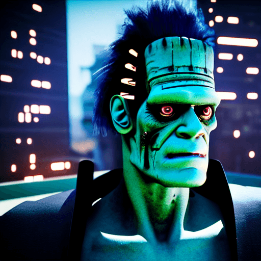 AI generated: Frankenstein, cyberpunk, outdoor, street, royal blue, hyperrealism, photorealistic, 8k, unreal engin...