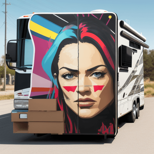 AI generated:   RV motorhome, edgy street art, celebrity-portraits, cardboard, fragmented icons, realistic hyper-d...