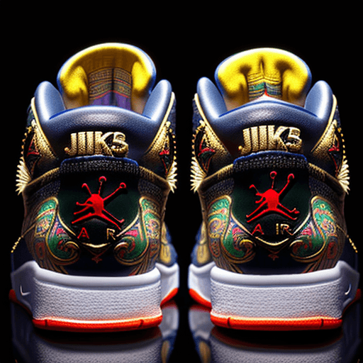 AI generated: 3d physical Nike Air Jordans inspired by Inca's ornament, intricate details, background is Inca's de...