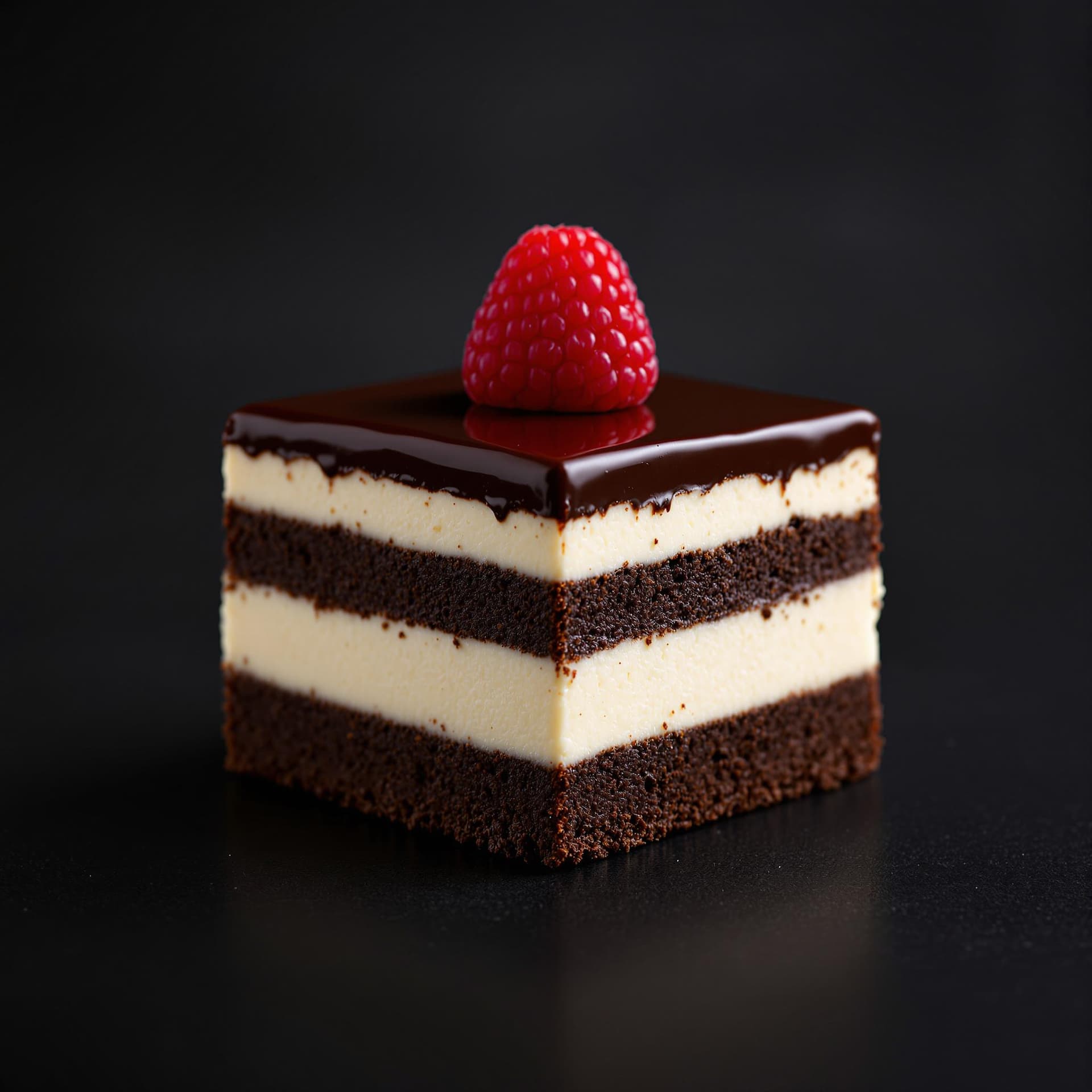 AI generated: The image features a square piece of layered dessert, prominently displayed against a dark, blurred ...