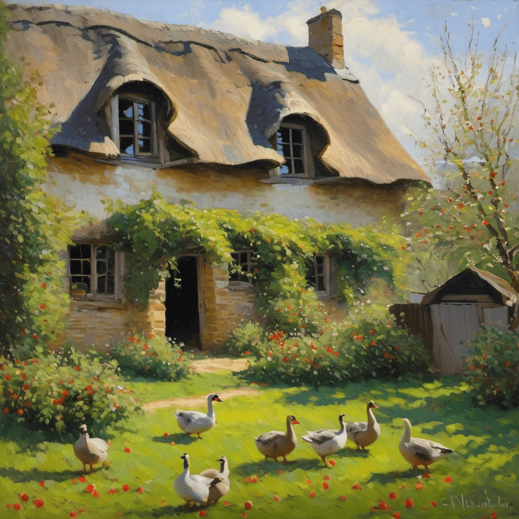 AI generated: impressionism, Thatched roof farmhouse in Normandy. Apple tree in the yard, fallen apples, geese