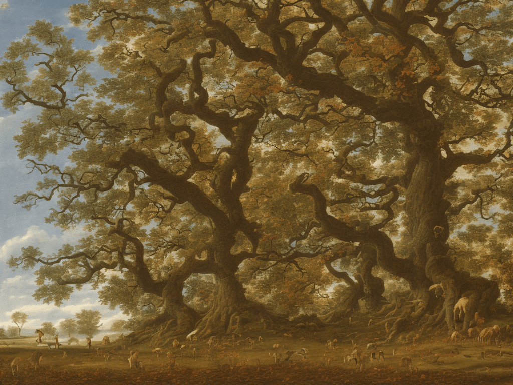 AI generated: A leafy oak on the left and a charm with autumnal colors on the right whose size would be slightly s...