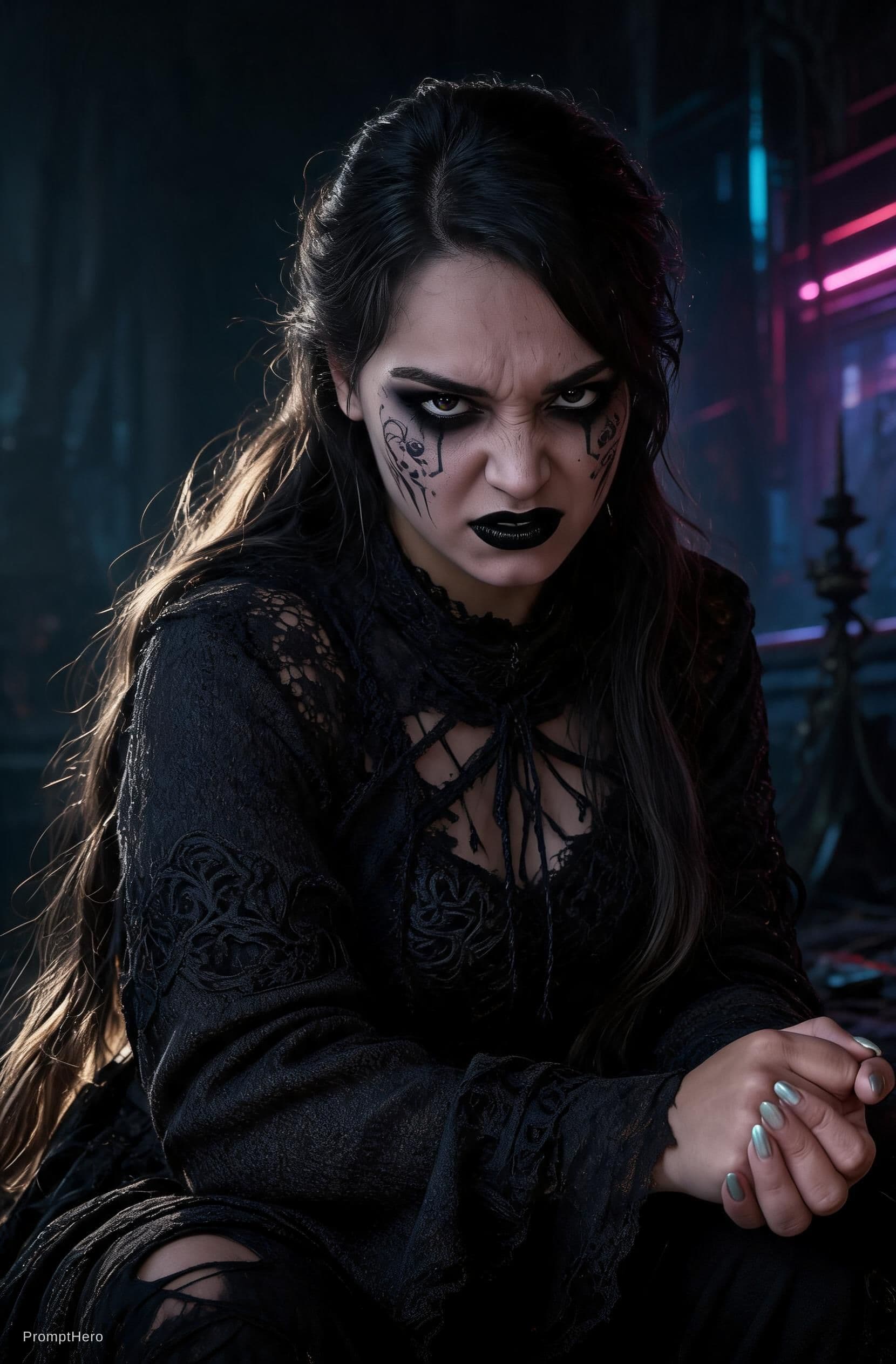 AI generated: Design a photorealistic portrait of the joined woman with dark makeup and makeup art, set in a dark ...