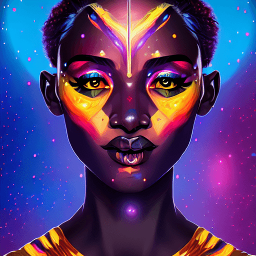 AI generated: pop art, portrait, nebula solar flare warrior Evie  Jasmine, black skin, colorful makeup, symmetry, ...