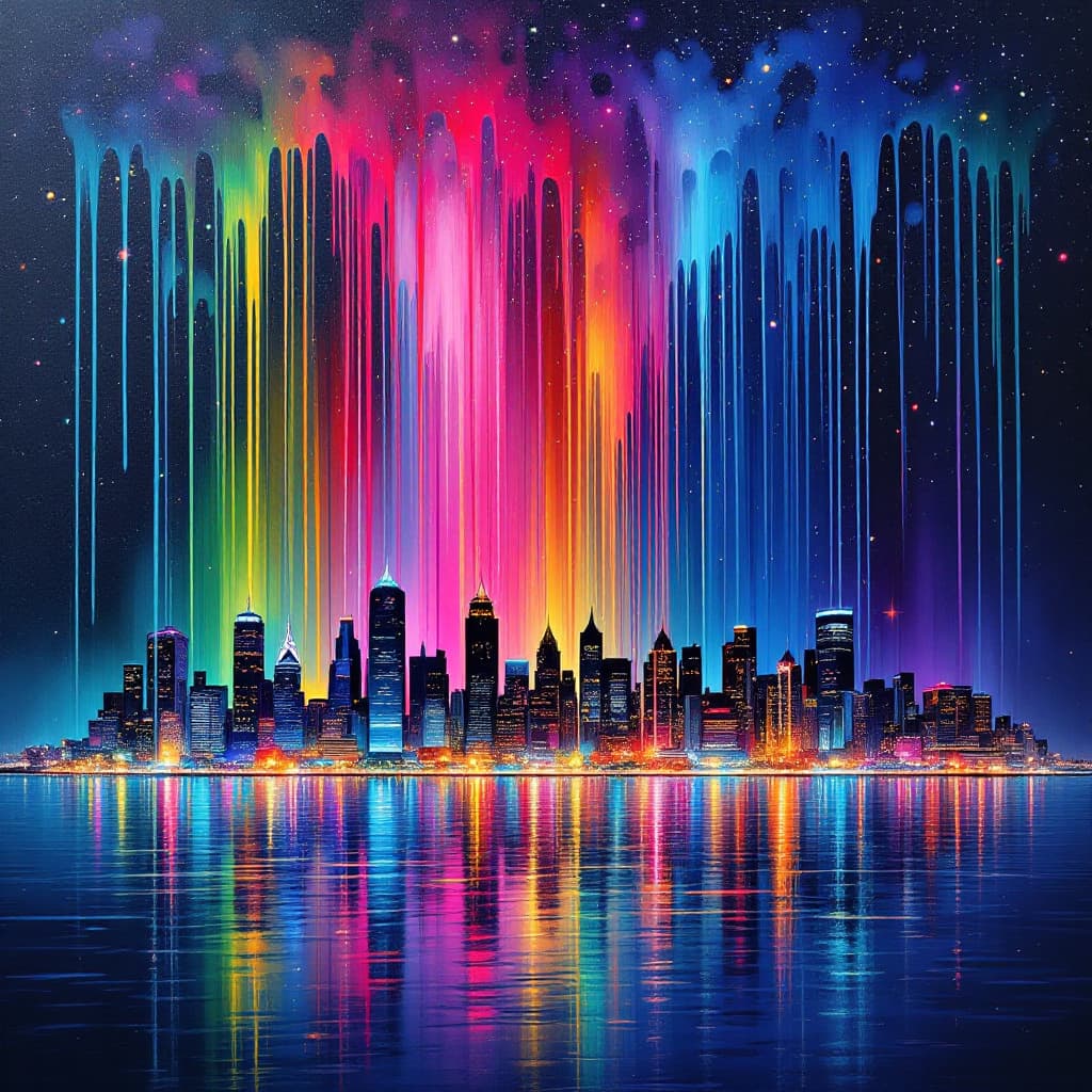 AI generated: A vibrant city skyline at night, illuminated by glowing neon lights reflecting beautifully off the w...