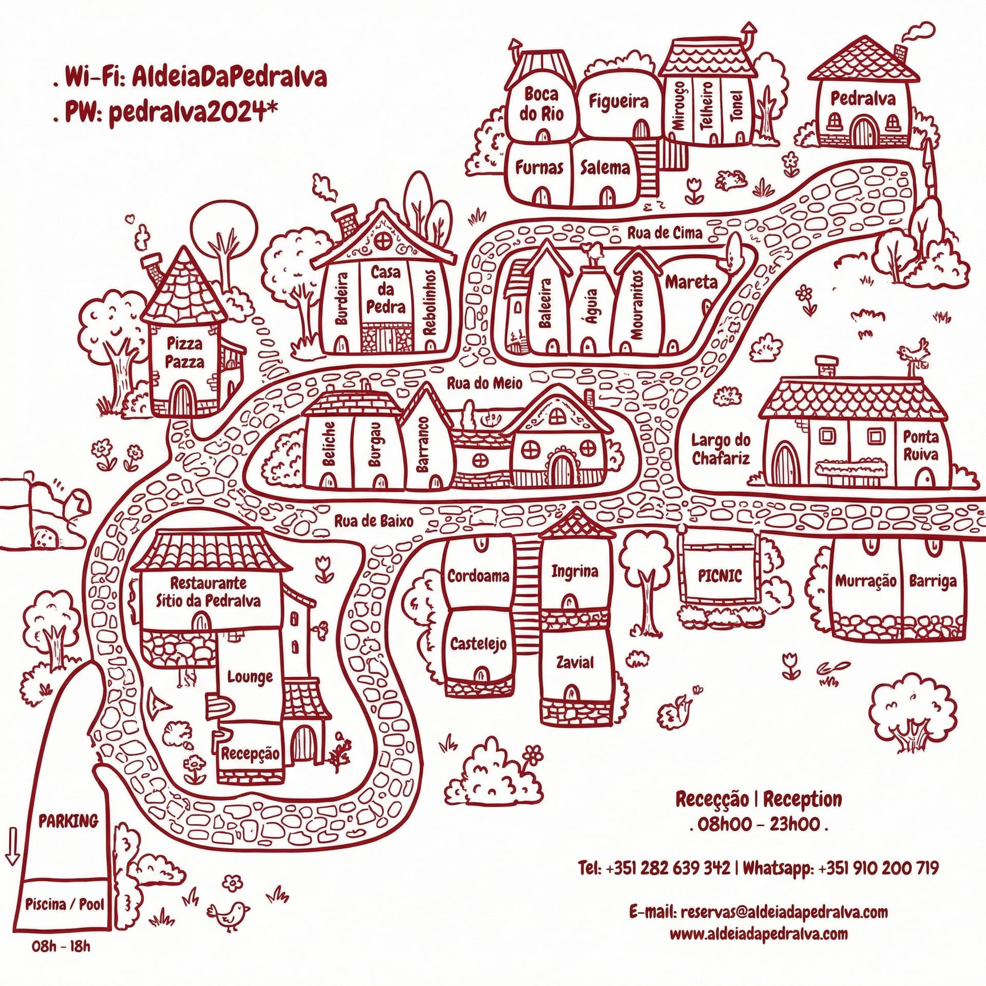 AI generated: make this map of a small village more playful and in this color: #B00B1E