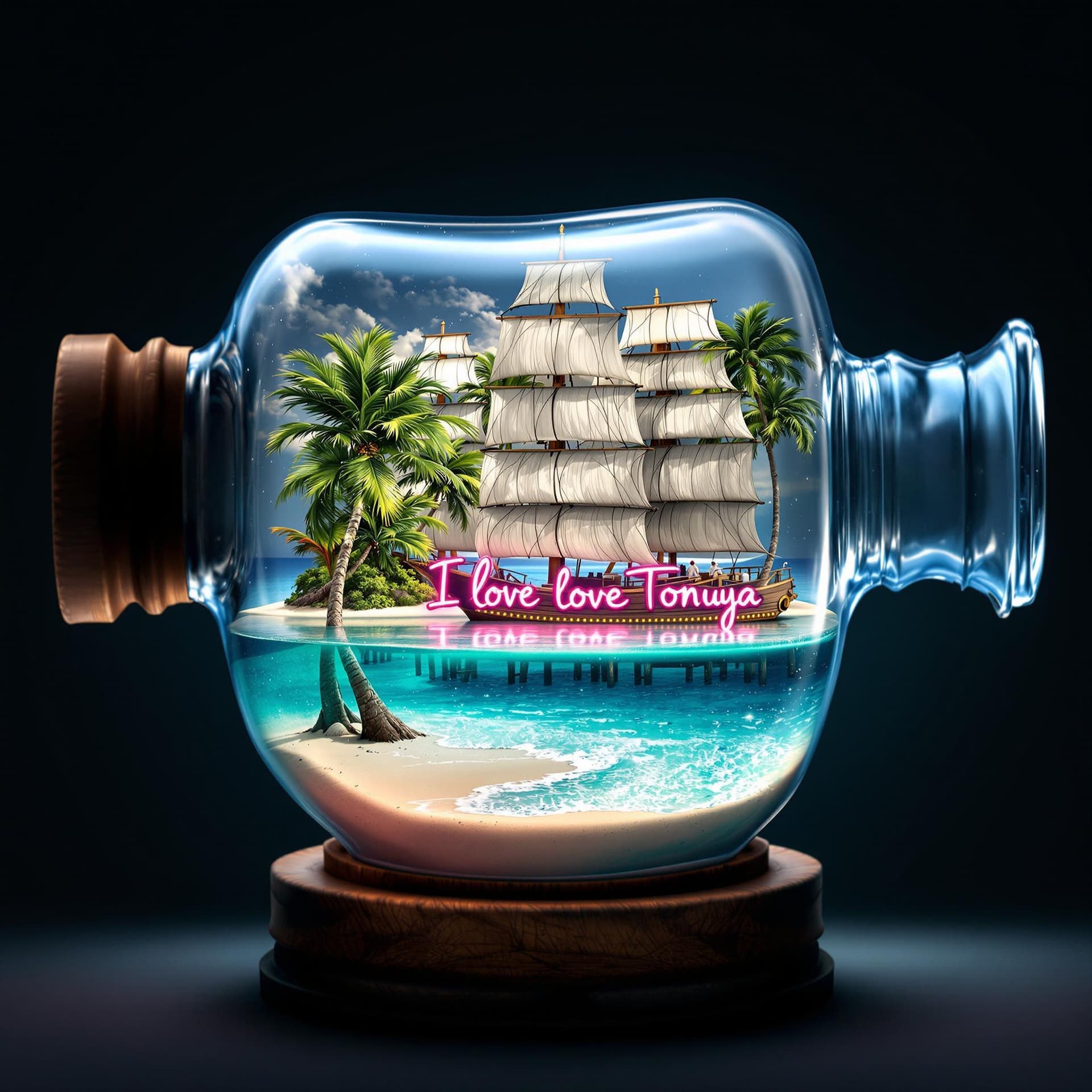 AI generated: Create a realistic image of a ship in a bottle that contains a detailed beach scene. Inside the bott...