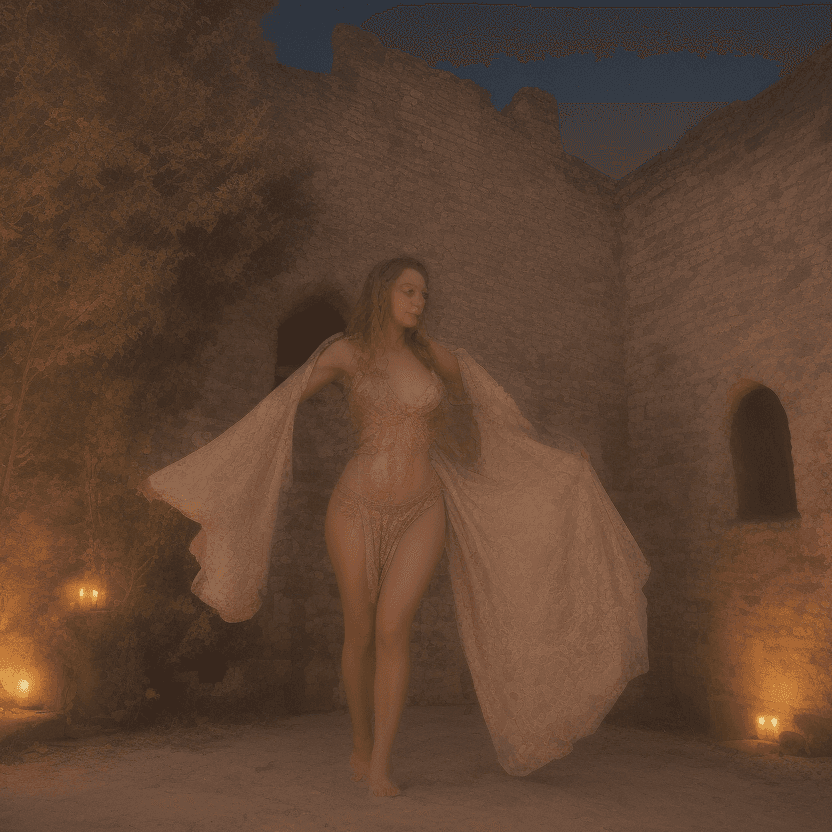 AI generated: Rays of bright full moonlight, torchlight and candle light dance around a ravishing beauty, casting ...