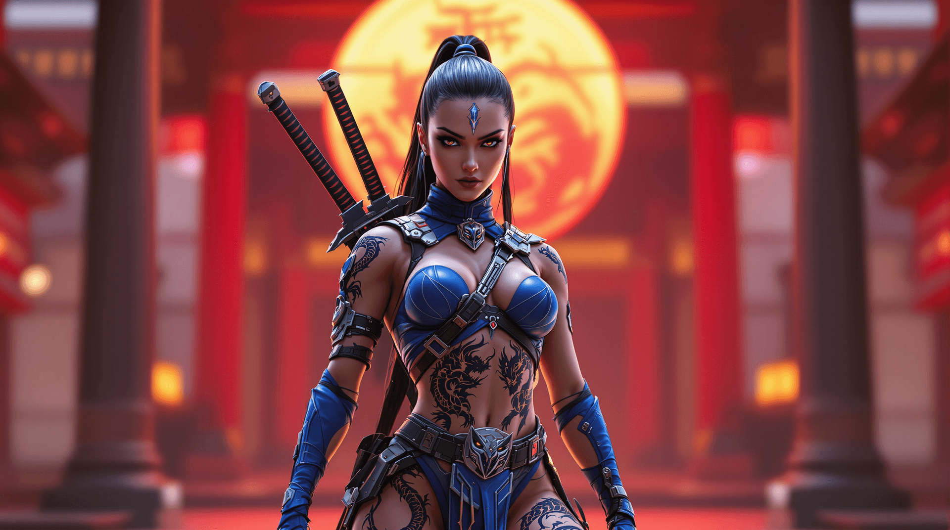 AI generated: Ultra-realistic cyberpunk Kitana, Mortal Kombat character, wearing intricate warrior suit, blue with...