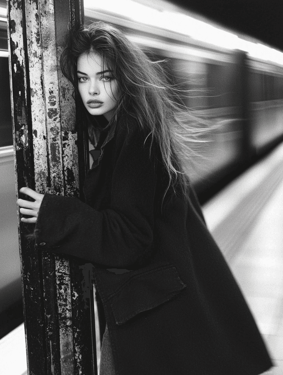 AI generated: A black and white photograph of a French female model standing on a subway station, posing with one ...