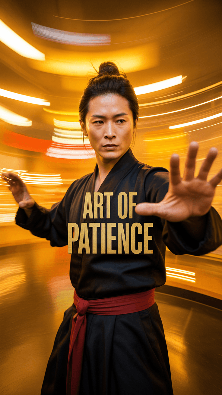 AI generated: movie poster deslign,pov,geisha teache Man kungfu movements,motion blur,typography 'art of patience'...